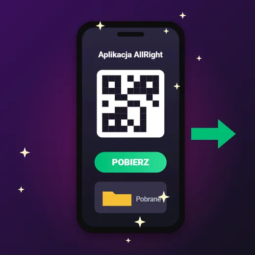 Allright casino aplikacja – ilustracja telefonu z kodem QR, przyciskiem Pobierz i folderem Pobrane